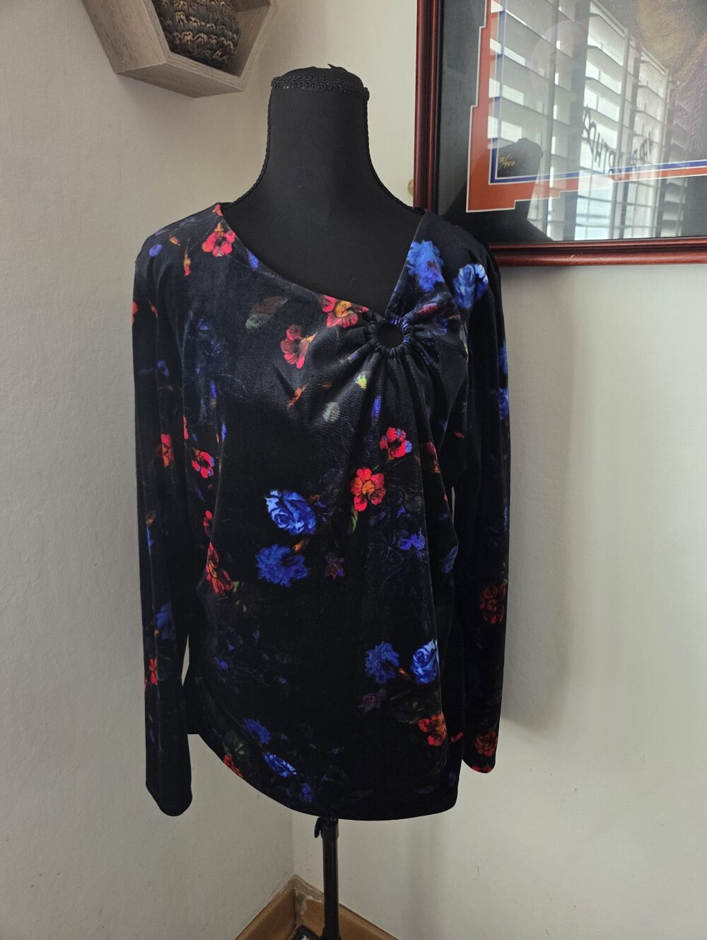 Black velvet long sleeve blouse with red & blue floral Design Whimsigoth Glam Lg